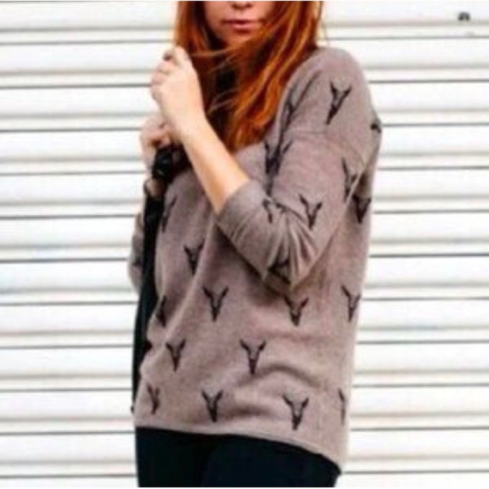 Skull Cashmere 100% Cashmere Sweater Brown Bull Skull Print Crewneck Size M